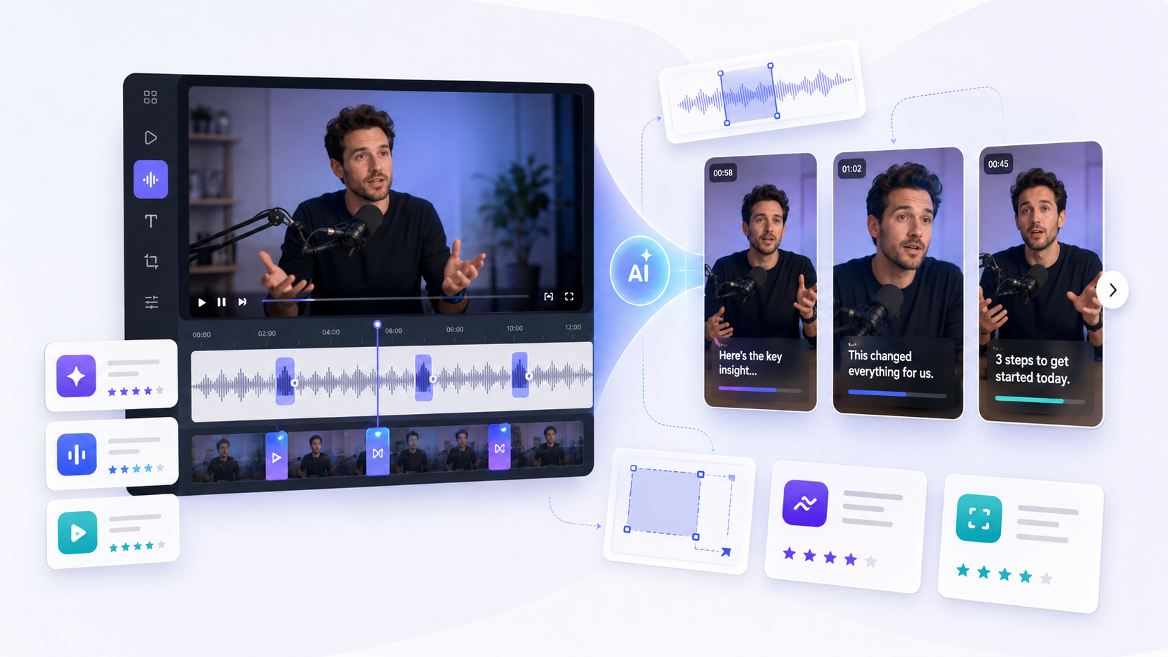 AI video clipping workflow with a long-form video timeline turning into short vertical clips, illustrating OpusClip alternatives.